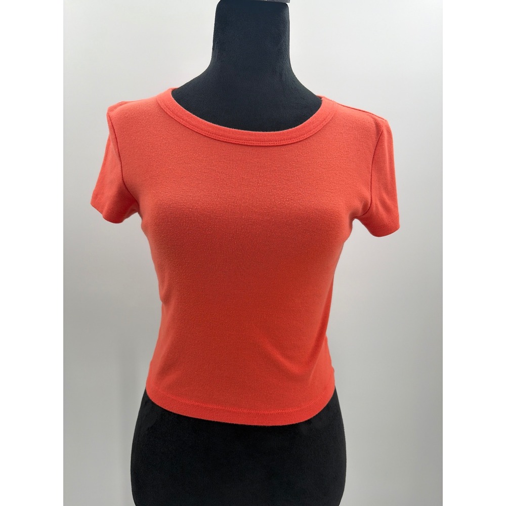 American Eagle Outfitters Womens Small Coral Orange Ribbed Short Sleeve Baby Tee